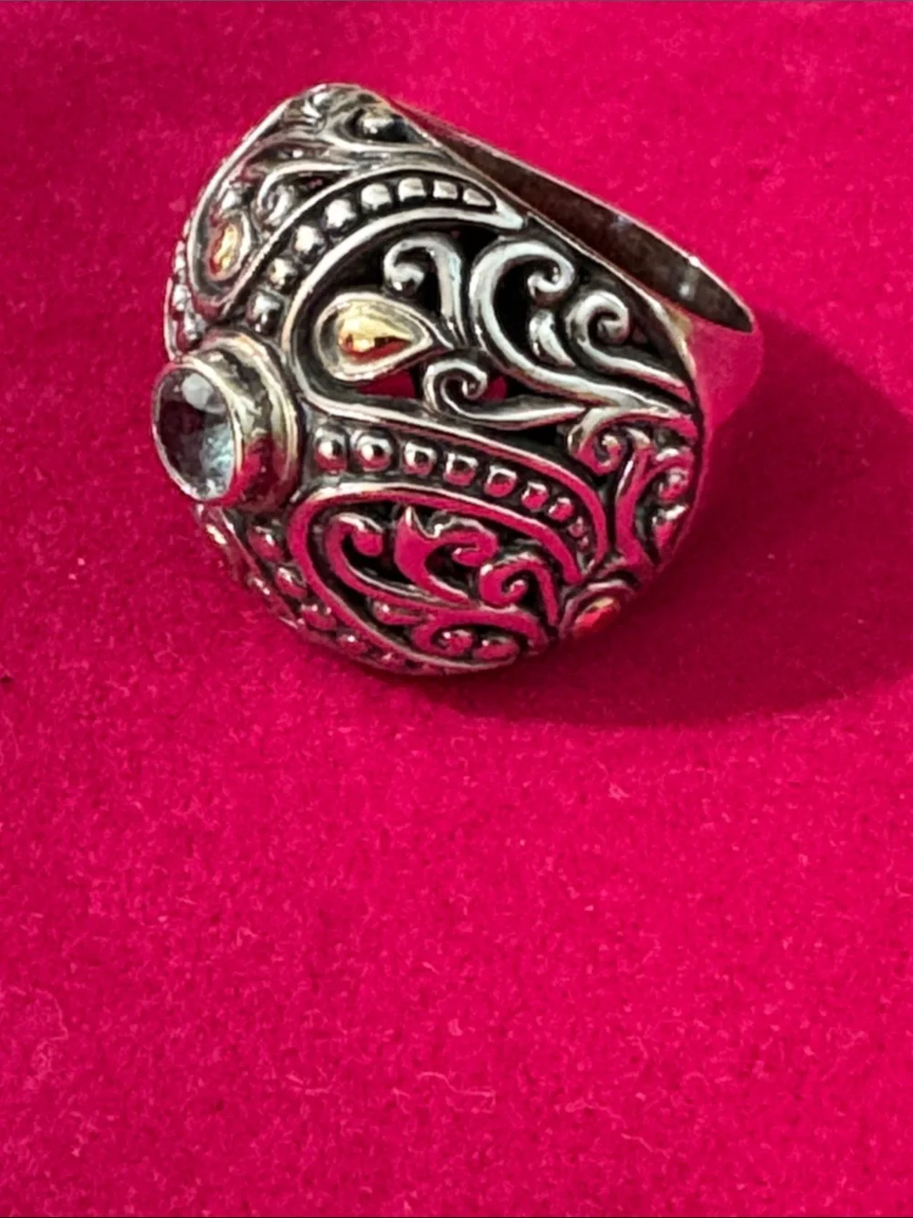 Phillip Gavriel Ornate Filigree Dome Ring with blue Stone - Silver Tone